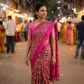 Pink Handloom Mulberry Silk Patola Ikat Pochampally Saree, draped and worn by a woman, AI visual of the saree, iTokri