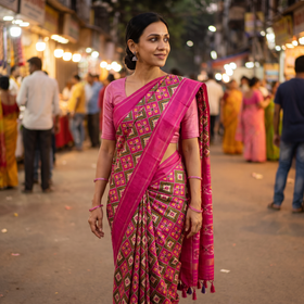 Pink Handloom Mulberry Silk Patola Ikat Pochampally Saree, draped and worn by a woman, AI visual of the saree, iTokri