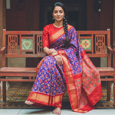 Purple Handloom Mulberry Silk Patola Ikat Pochampally Saree, draped and worn by a woman, AI visual of the saree, iTokri