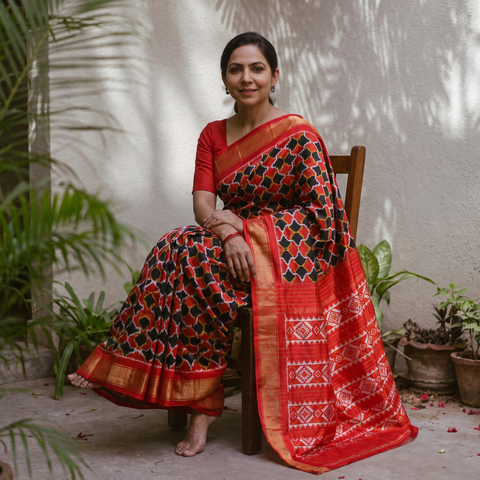 Red Handloom Mulberry Silk Patola Ikat Pochampally Saree, draped and worn by a woman, AI visual of the saree, iTokri