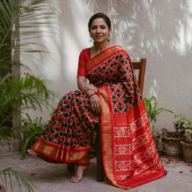 Red Handloom Mulberry Silk Patola Ikat Pochampally Saree, draped and worn by a woman, AI visual of the saree, iTokri