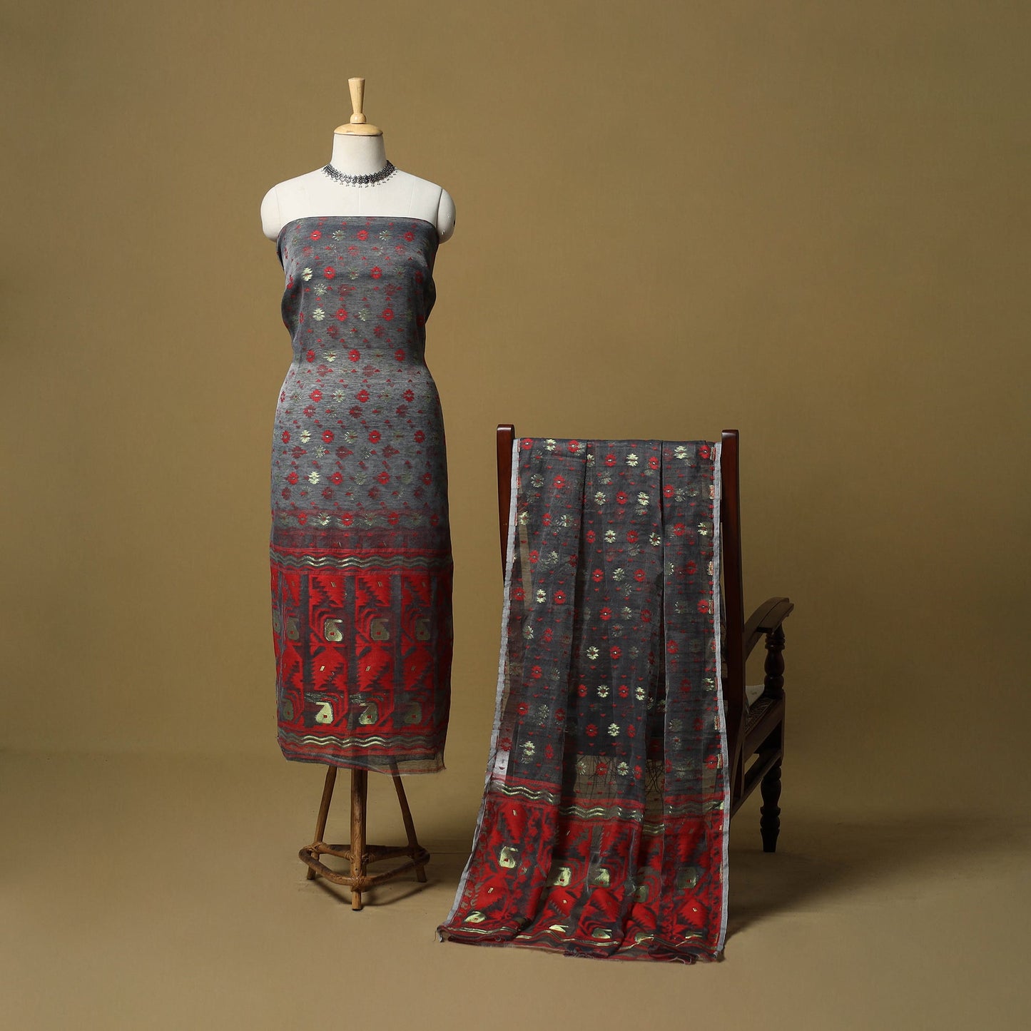 Handloom phulia jamdani silk cotton 2pc unstitched dress