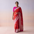 Red Handloom Pure Katan Silk Kaduwa Zari Buti Banarasi Saree, draped and worn by a woman, AI visual of the saree, iTokri