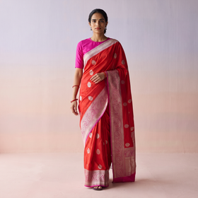 Red Handloom Pure Katan Silk Kaduwa Zari Buti Banarasi Saree, draped and worn by a woman, AI visual of the saree, iTokri