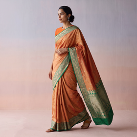 Orange Handloom Pure Katan Silk Kaduwa Zari Buti Banarasi Saree, draped and worn by a woman, AI visual of the saree, iTokri