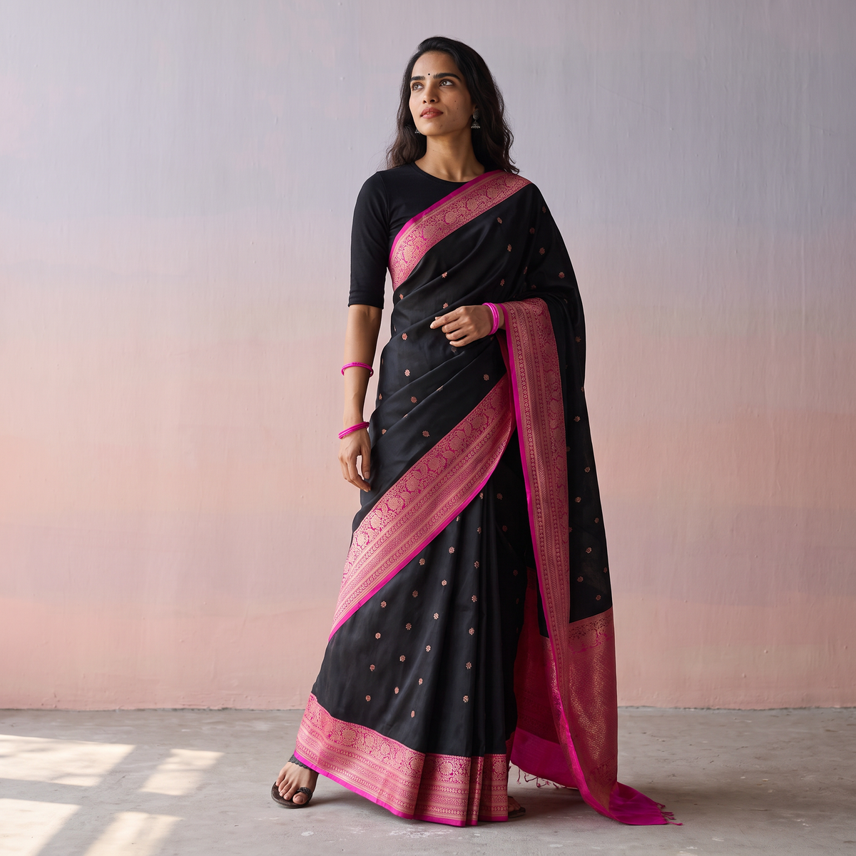 Black Handloom Pure Katan Silk Kaduwa Zari Buti Banarasi Saree, draped and worn by a woman, AI visual of the saree, iTokri