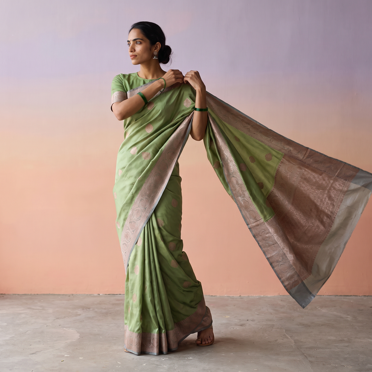 Green Handloom Pure Katan Silk Kaduwa Zari Buti Banarasi Saree, draped and worn by a woman, AI visual of the saree, iTokri