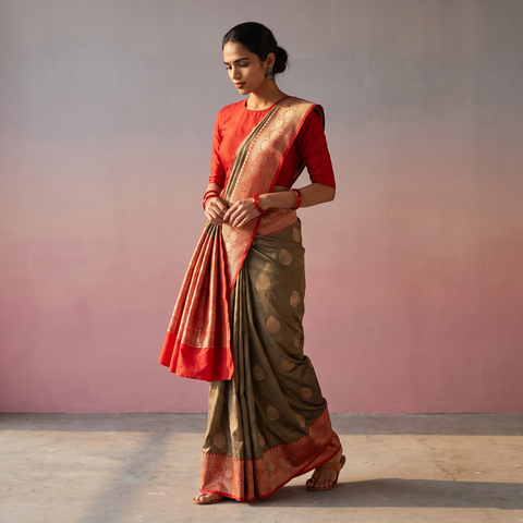 Brown Handloom Pure Katan Silk Kaduwa Zari Buti Banarasi Saree, draped and worn by a woman, AI visual of the saree, iTokri
