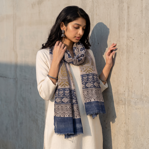 Blue Handloom Pure Wool Natural Dyed Hand Block Print Bagru Stole, worn by a woman, AI visual of the stole, iTokri