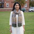 Green Handloom Pure Wool Natural Dyed Hand Block Print Bagru Stole, worn by a woman, AI visual of the stole, iTokri