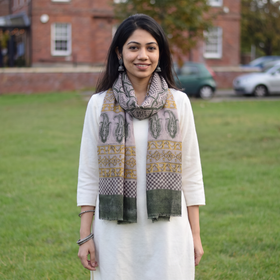 Green Handloom Pure Wool Natural Dyed Hand Block Print Bagru Stole, worn by a woman, AI visual of the stole, iTokri