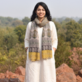 Yellow Handloom Pure Wool Natural Dyed Hand Block Print Bagru Stole, worn by a woman, AI visual of the stole, iTokri