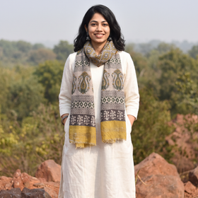 Yellow Handloom Pure Wool Natural Dyed Hand Block Print Bagru Stole, worn by a woman, AI visual of the stole, iTokri