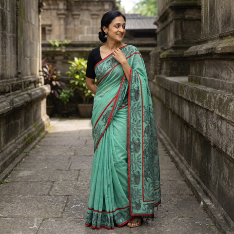 Green Handloom Silk Cotton Handpainted Madhubani Saree, draped and worn by a woman, AI visual of the saree, iTokri