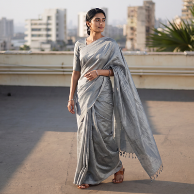 Grey Handloom Silk Cotton Mangalagiri Pattu Saree, draped and worn by a woman, AI visual of the saree, iTokri
