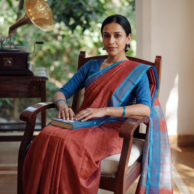 Brown Handloom Silk Cotton Thread Border Mangalagiri Pattu Saree, draped and worn by a woman, AI visual of the saree, iTokri