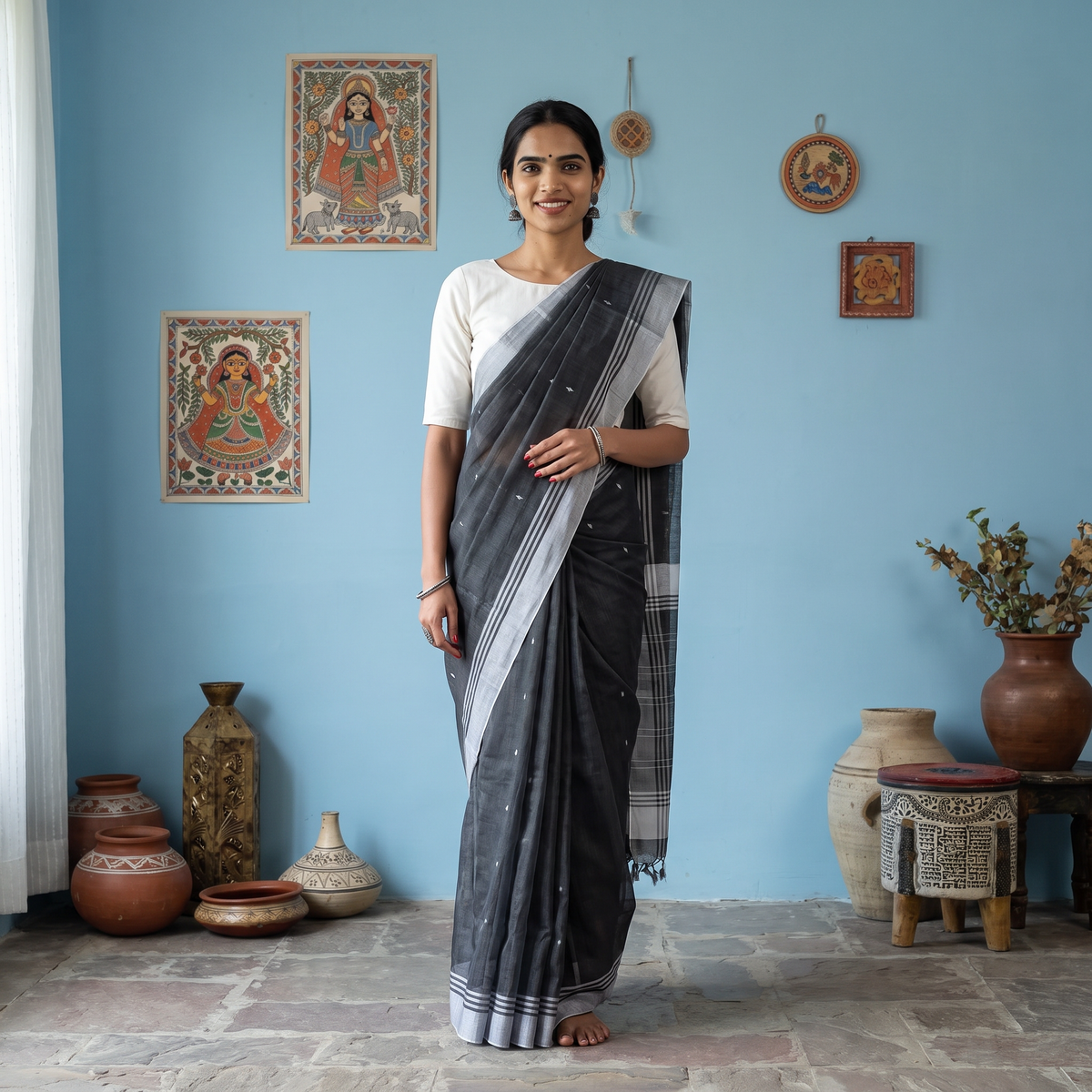 Black Handloom Thread Buti Chanderi Cotton Saree, draped and worn by a woman, AI visual of the saree, iTokri