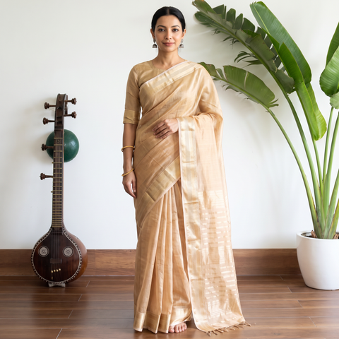 Beige Handloom Tissue Zari Maheshwari Silk Saree with Border, draped and worn by a woman, AI visual of the saree, iTokri