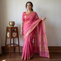 Pink Handloom Tissue Zari Weave Silk Cotton Buti Maheshwari Saree with Zari Border, draped and worn by a woman, AI visual of the saree, iTokri