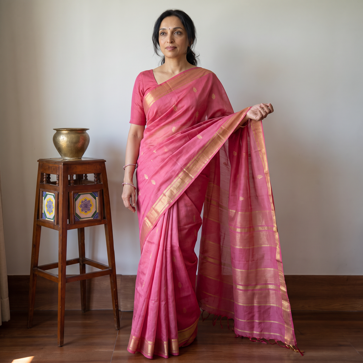 Pink Handloom Tissue Zari Weave Silk Cotton Buti Maheshwari Saree with Zari Border, draped and worn by a woman, AI visual of the saree, iTokri