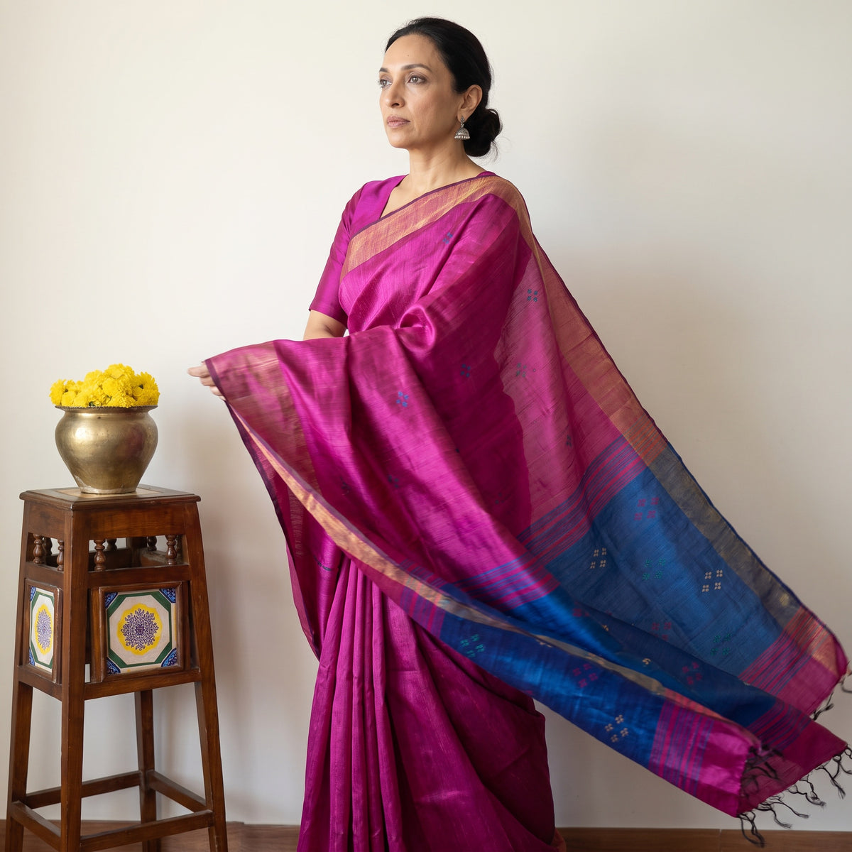 Pink Handloom Tussar Silk Zari Border Bhagalpuri Saree, draped and worn by a woman, AI visual of the saree, iTokri