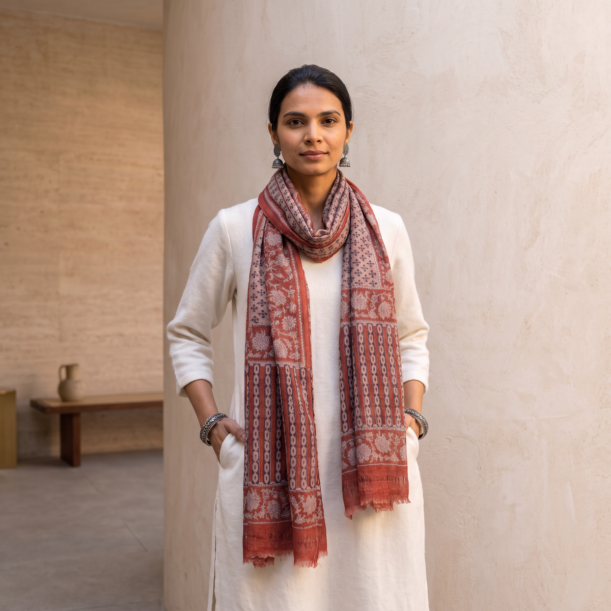 Red Handloom Woolen Natural Dyed Block Print Bagru Stole, worn by a woman, AI visual of the stole, iTokri