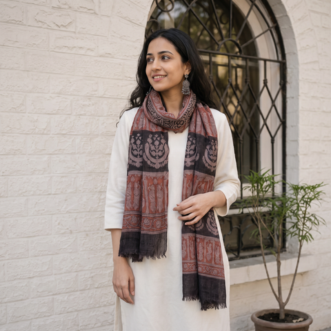 Brown Handloom Woolen Natural Dyed Block Print Bagru Stole, worn by a woman, AI visual of the stole, iTokri