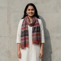Red Handloom Woolen Natural Dyed Block Print Bagru Stole, worn by a woman, AI visual of the stole, iTokri