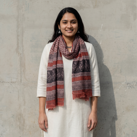 Red Handloom Woolen Natural Dyed Block Print Bagru Stole, worn by a woman, AI visual of the stole, iTokri
