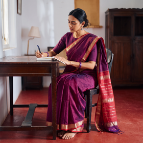 Purple Handloom Zari Border Maheshwari Silk Saree, draped and worn by a woman, AI visual of the saree, iTokri