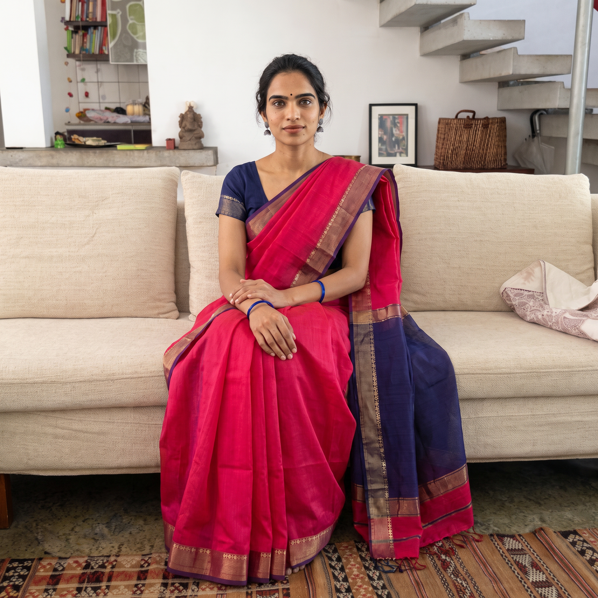 Pink Handloom Zari Border Maheshwari Silk Saree, draped and worn by a woman, AI visual of the saree, iTokri