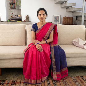 Pink Handloom Zari Border Maheshwari Silk Saree, draped and worn by a woman, AI visual of the saree, iTokri