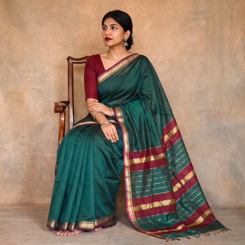 Green Handloom Zari Border Maheshwari Silk Saree, draped and worn by a woman, AI visual of the saree, iTokri