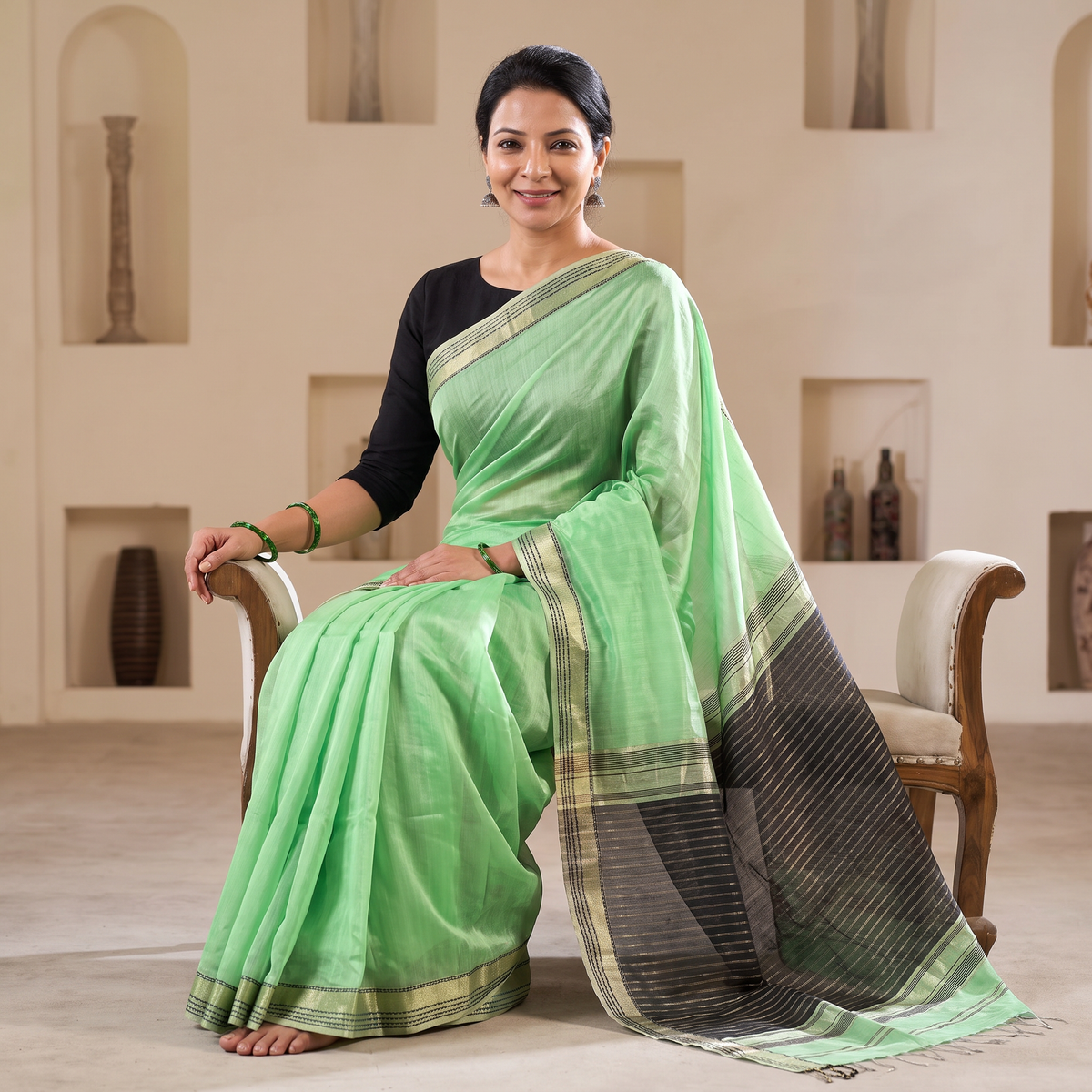 Green Handloom Zari Border Maheshwari Silk Saree, draped and worn by a woman, AI visual of the saree, iTokri