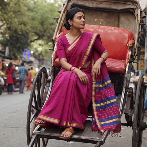 Pink Handloom Zari Border Maheshwari Silk Saree, draped and worn by a woman, AI visual of the saree, iTokri