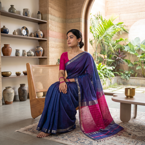 Blue Handloom Zari Border Maheshwari Silk Saree, draped and worn by a woman, AI visual of the saree, iTokri