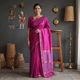 Pink Handloom Zari Border Maheshwari Silk Saree, draped and worn by a woman, AI visual of the saree, iTokri
