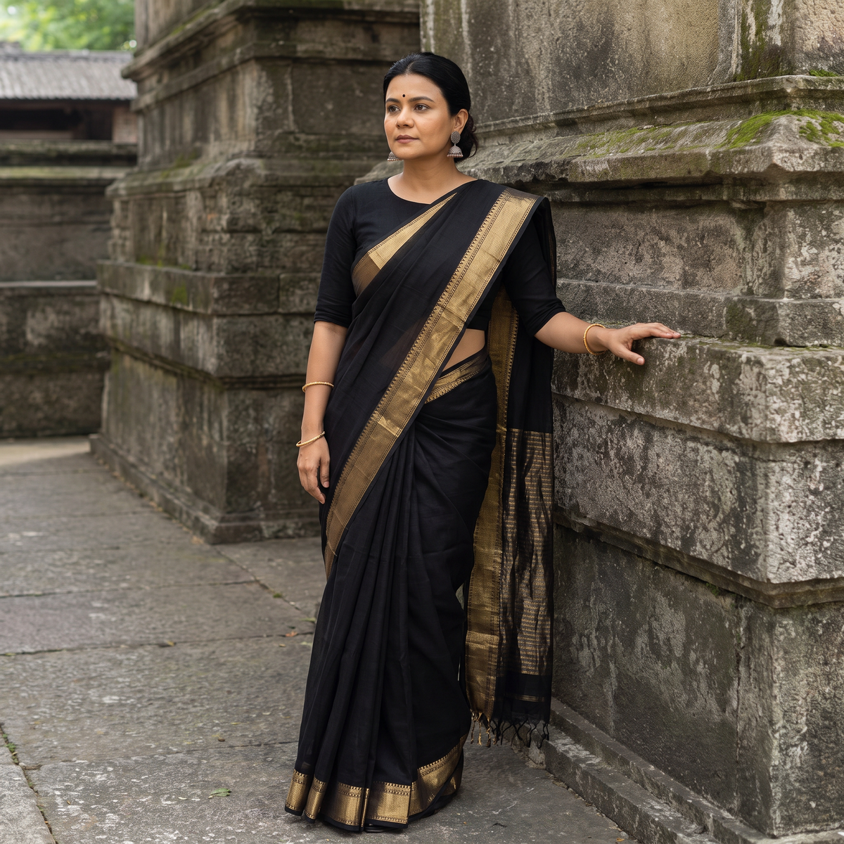 Black Handloom Zari Border Maheshwari Silk Saree, draped and worn by a woman, AI visual of the saree, iTokri