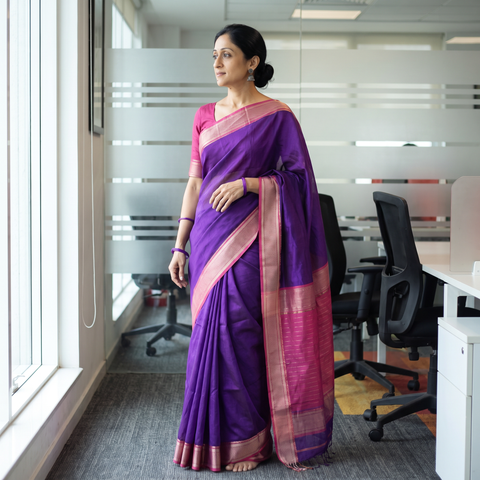 Purple Handloom Zari Border Maheshwari Silk Saree, draped and worn by a woman, AI visual of the saree, iTokri