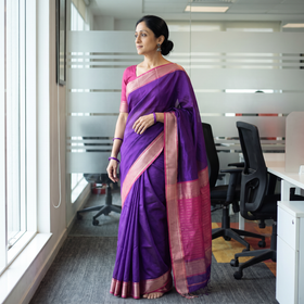 Purple Handloom Zari Border Maheshwari Silk Saree, draped and worn by a woman, AI visual of the saree, iTokri