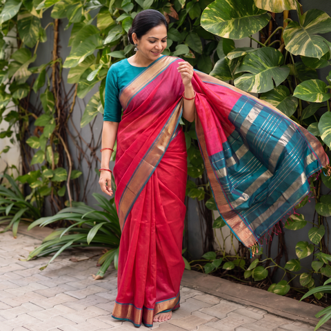 Pink Handloom Zari Border Maheshwari Silk Saree, draped and worn by a woman, AI visual of the saree, iTokri