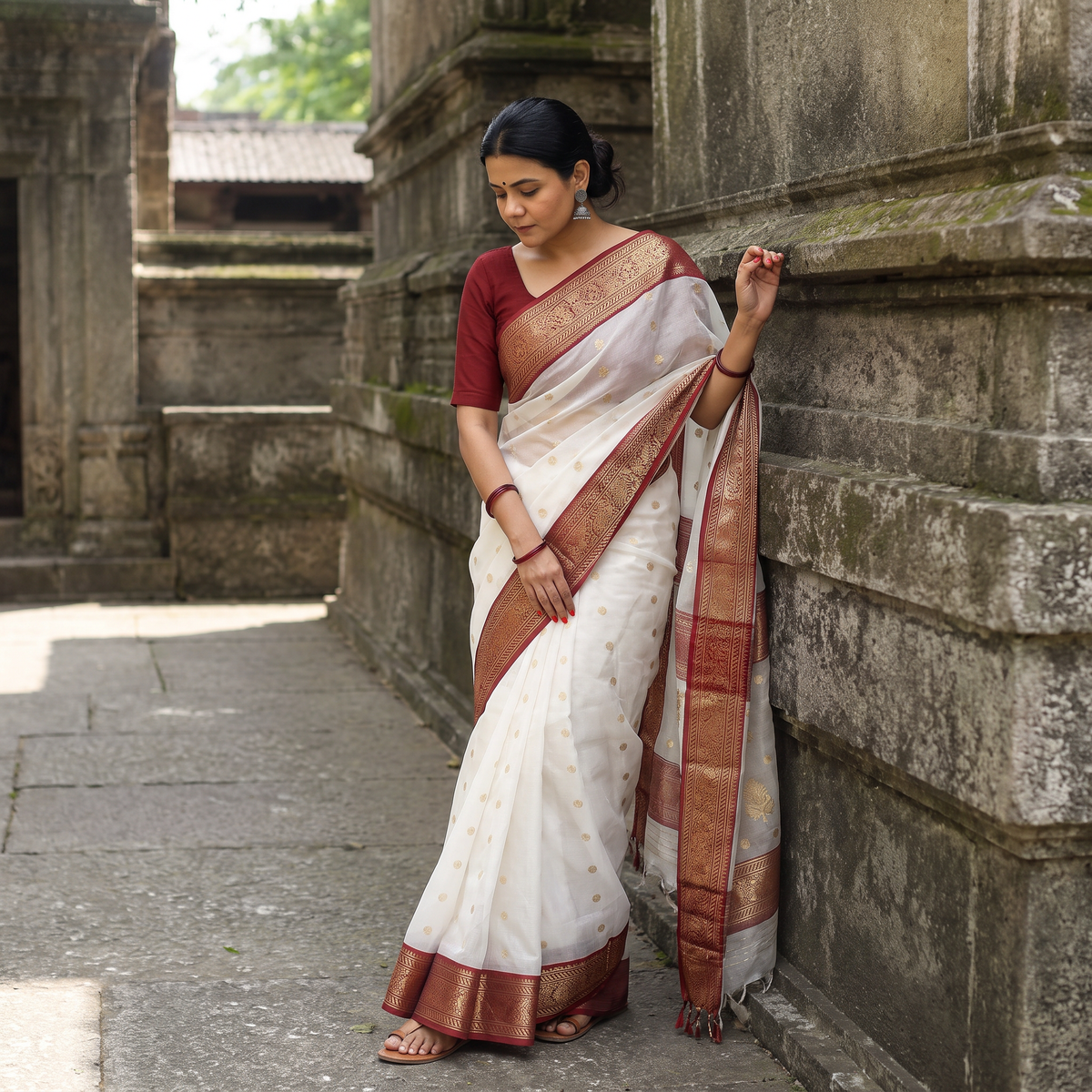 White Handloom Zari Work Chanderi Katan Silk Saree, draped and worn by a woman, AI visual of the saree, iTokri