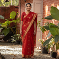 Red Handloom Zari Work Chanderi Silk Saree, draped and worn by a woman, AI visual of the saree, iTokri
