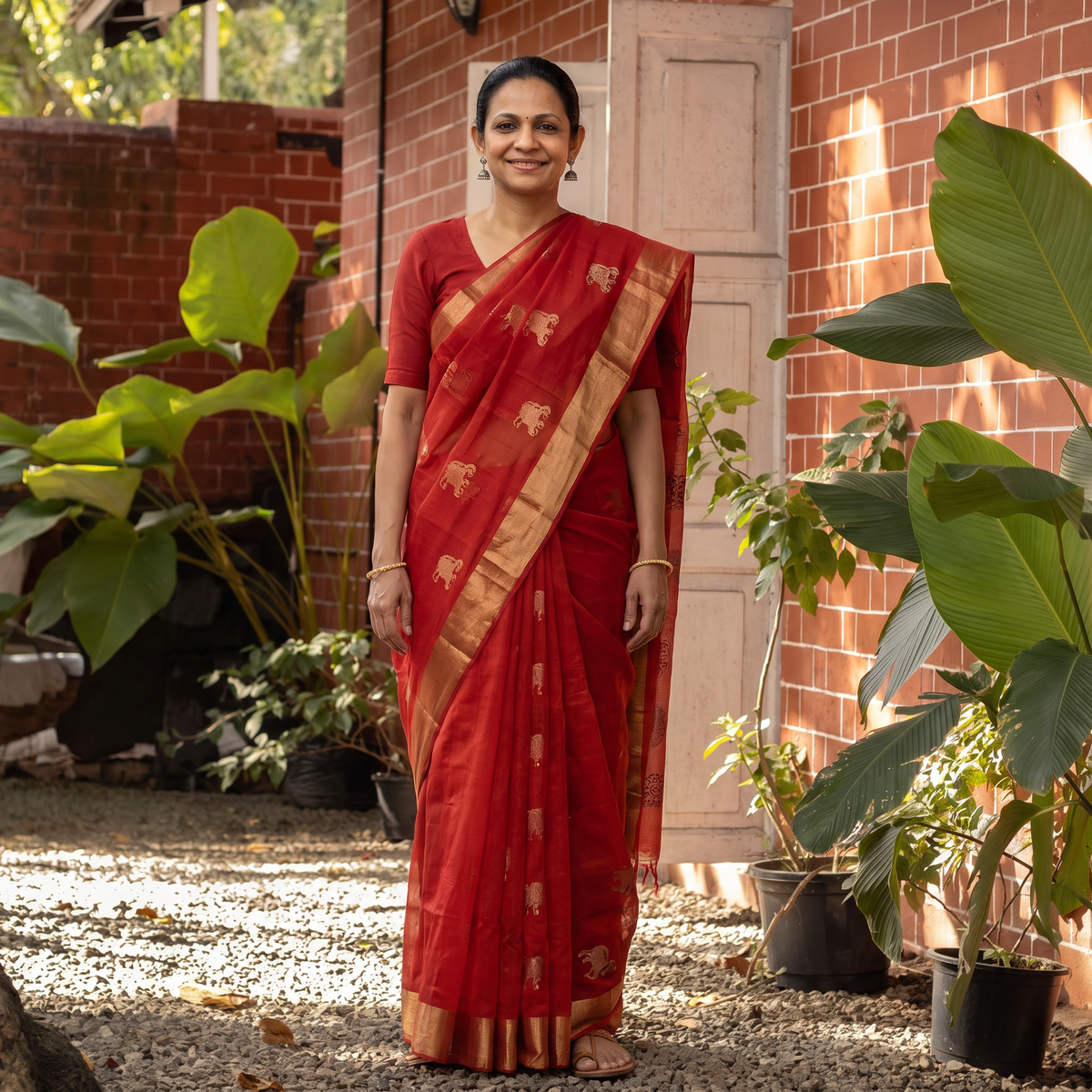 Red Handloom Zari Work Chanderi Silk Saree, draped and worn by a woman, AI visual of the saree, iTokri
