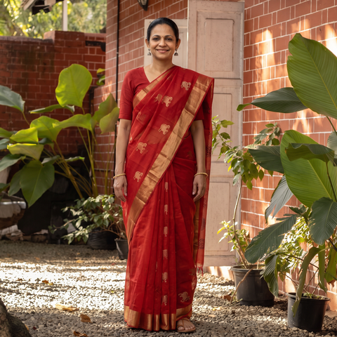 Red Handloom Zari Work Chanderi Silk Saree, draped and worn by a woman, AI visual of the saree, iTokri