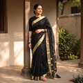 Black Handloom Zari Work Chanderi Silk Saree, draped and worn by a woman, AI visual of the saree, iTokri