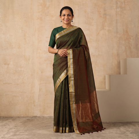 Brown Handloom Zari Work Chanderi Silk Saree, draped and worn by a woman, AI visual of the saree, iTokri