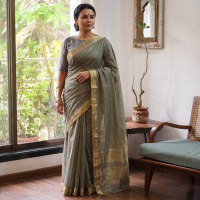 Green Handloom Zari Work Chanderi Silk Saree, draped and worn by a woman, AI visual of the saree, iTokri