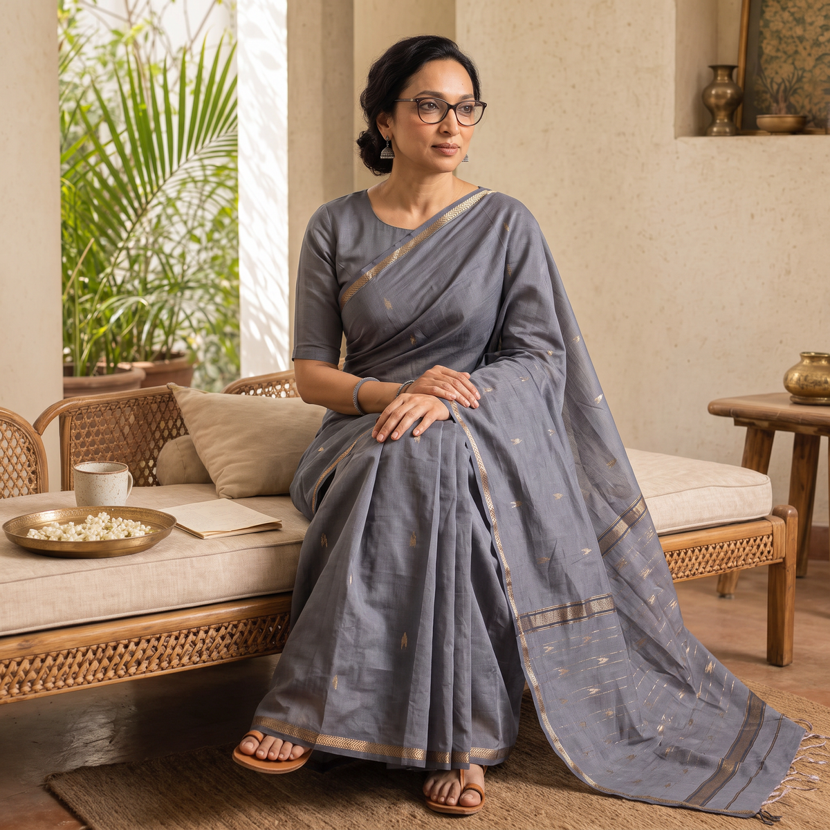 Grey Handloom Zari Work Chanderi Silk Saree, draped and worn by a woman, AI visual of the saree, iTokri