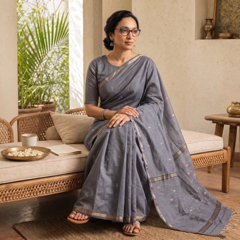 Grey Handloom Zari Work Chanderi Silk Saree, draped and worn by a woman, AI visual of the saree, iTokri